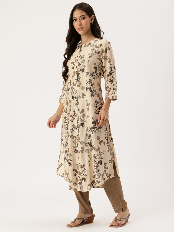 Beige Floral Printed Kurta, Princess Cur Kurta, A-Line Kurta, Floral Print, Mandarin Collar kurta, printed kurta