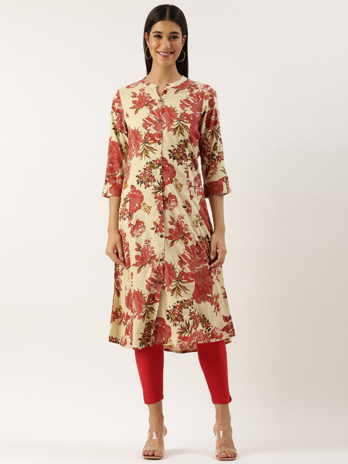Beige Floral Printed Kurta, Princess Cur Kurta, A-Line Kurta, Floral Print, Mandarin Collar kurta, printed kurta