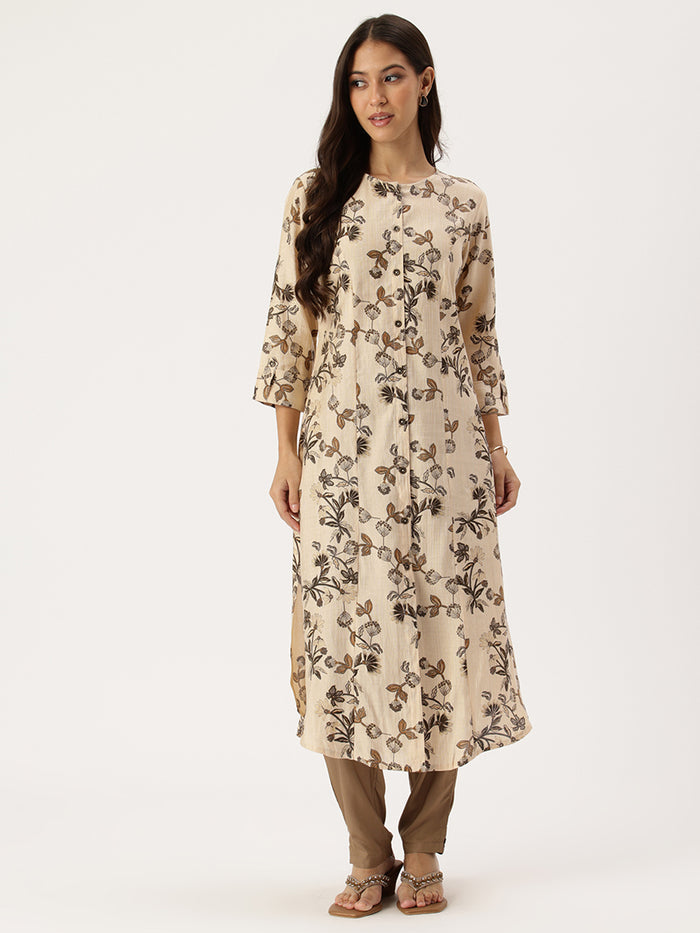 Beige Floral Printed Kurta, Princess Cur Kurta, A-Line Kurta, Floral Print, Mandarin Collar kurta, printed kurta