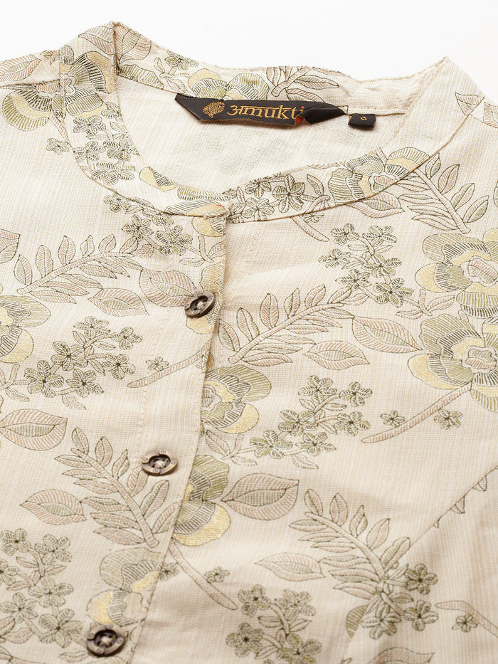 Beige & Green Floral Printed Kurta, Princess Cur Kurta, A-Line Kurta, Floral Print, Mandarin Collar kurta, printed kurta