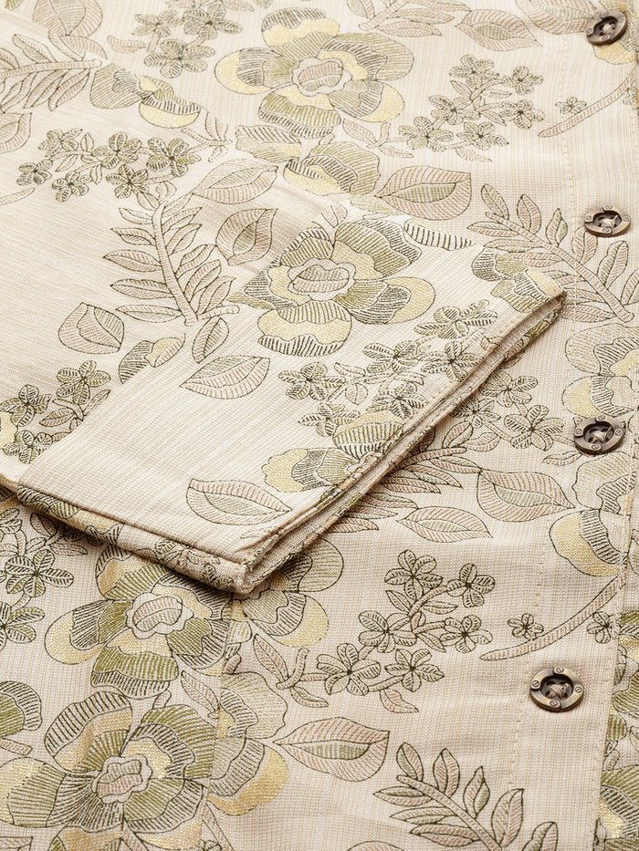 Beige & Green Floral Printed Kurta, Princess Cur Kurta, A-Line Kurta, Floral Print, Mandarin Collar kurta, printed kurta