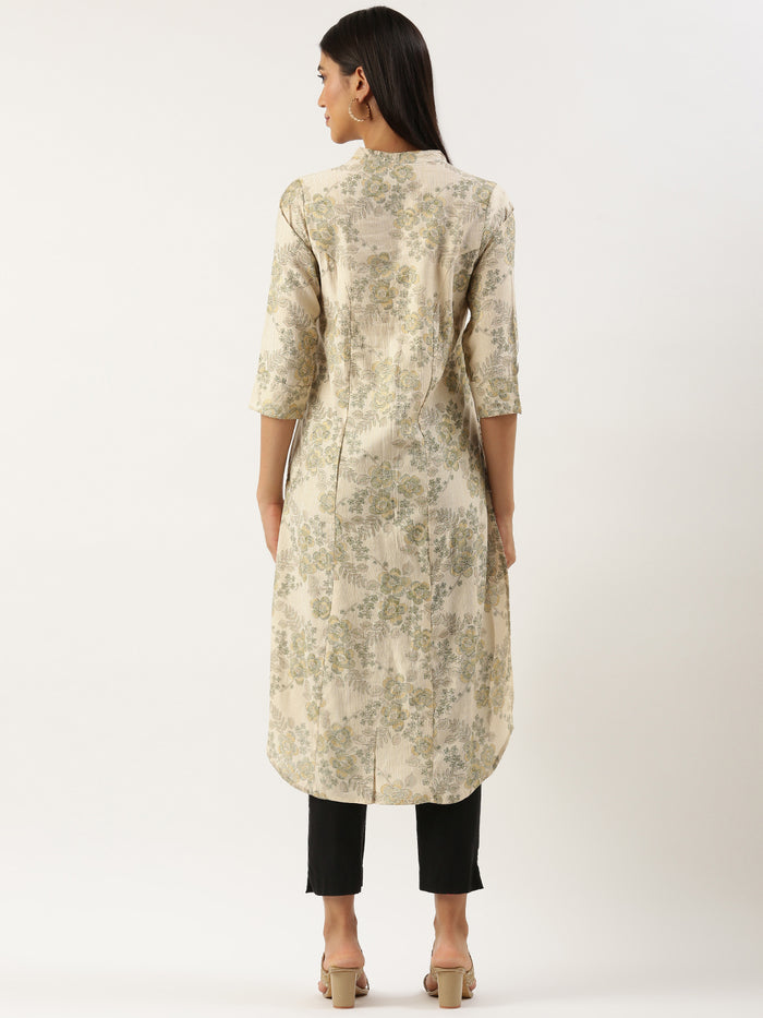 Beige & Green Floral Printed Kurta, Princess Cur Kurta, A-Line Kurta, Floral Print, Mandarin Collar kurta, printed kurta