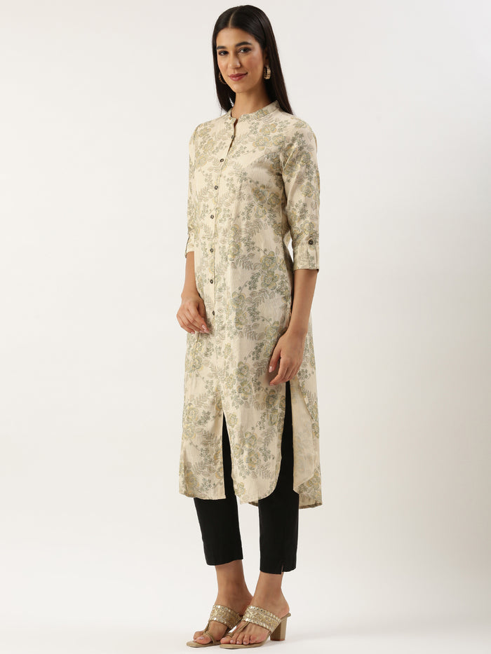 Beige & Green Floral Printed Kurta, Princess Cur Kurta, A-Line Kurta, Floral Print, Mandarin Collar kurta, printed kurta