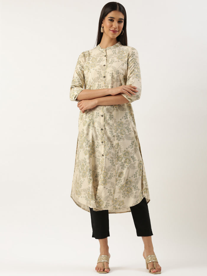 Beige & Green Floral Printed Kurta, Princess Cur Kurta, A-Line Kurta, Floral Print, Mandarin Collar kurta, printed kurta