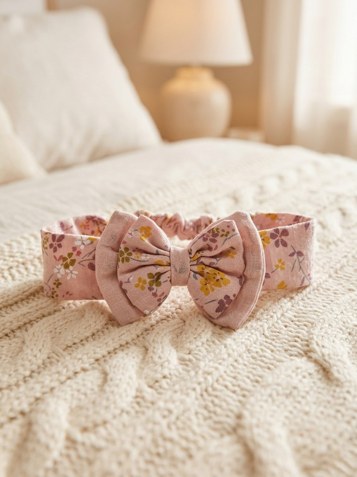 A soft pink muslin cotton baby headband featuring a dainty yellow, green, and purple floral pattern, finished with a matching fabric bow, displayed on a textured white cable-knit blanket.