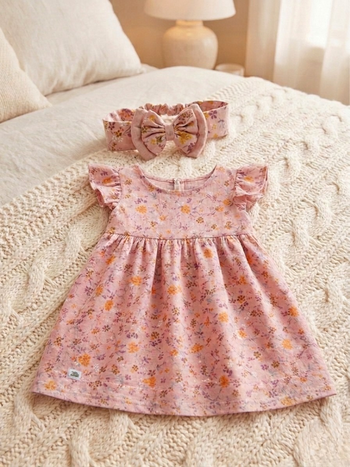 A matching baby girl set featuring the Bella dress and headband, both made from soft pink muslin cotton with a delicate yellow and purple floral print. The dress has flutter sleeves and a gathered skirt, and the headband is finished with a large matching bow, all displayed on a white textured blanket.