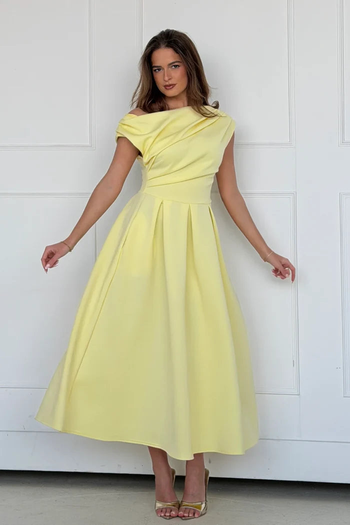 Betty Asymmetric Midi Dress (Yellow)