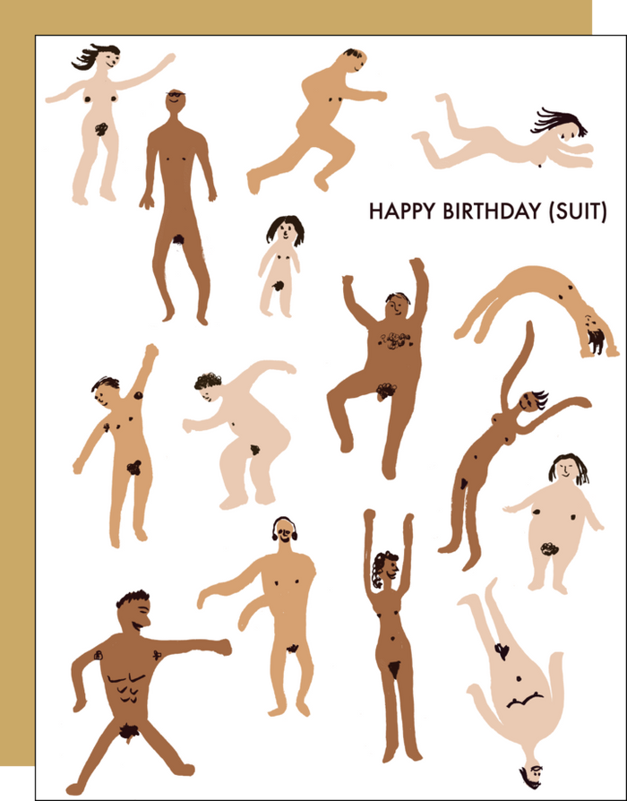 A letterpress printed greeting card with various illustrated human figures in a suit, with the text 'HAPPY BIRTHDAY (SUIT)' at the top. The card is displayed with the envelope behind it