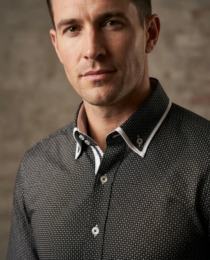 Black Double Collar Mini Polka Dot Men's Shirt