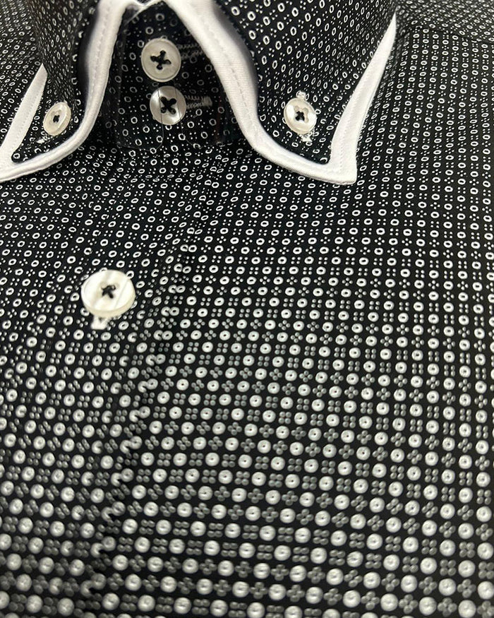 Black Double Collar Mini Polka Dot Men's Shirt-Makrom