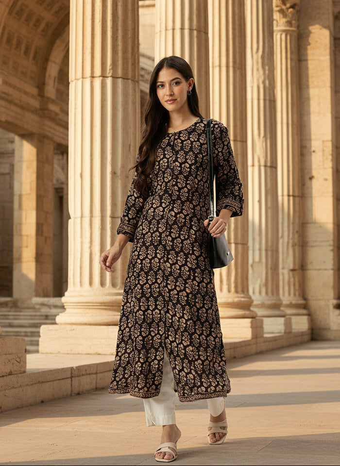 Black Floral Printed Kurta, Princess Cur Kurta, A-Line Kurta, Floral Print, Mandarin Collar kurta, printed kurta
