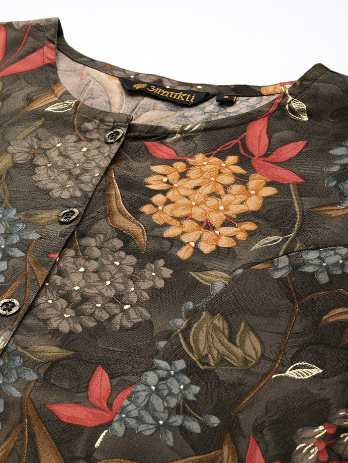 Black Floral Printed Kurta, Princess Cur Kurta, A-Line Kurta, Floral Print, Round Neck kurta, printed kurta