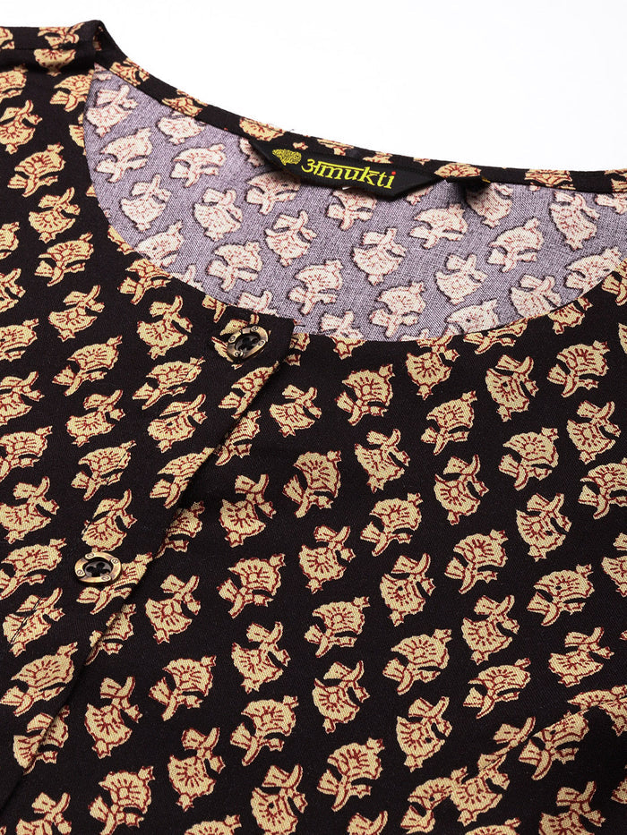 Black Floral Printed Kurta, Princess Cur Kurta, A-Line Kurta, Floral Print, Mandarin Collar kurta, printed kurta