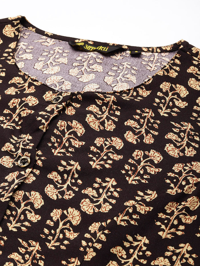 Black Floral Printed Kurta, Princess Cur Kurta, A-Line Kurta, Floral Print, Mandarin Collar kurta, printed kurta