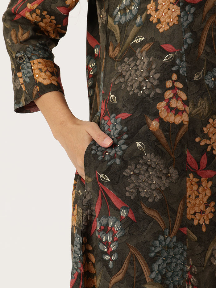 Black Floral Printed Kurta, Princess Cur Kurta, A-Line Kurta, Floral Print, Round Neck kurta, printed kurta