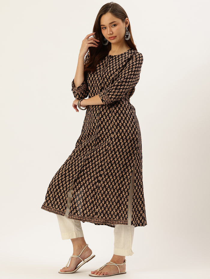 Black Floral Printed Kurta, Princess Cur Kurta, A-Line Kurta, Floral Print, Mandarin Collar kurta, printed kurta