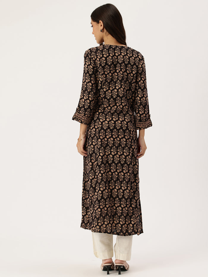 Black Floral Printed Kurta, Princess Cur Kurta, A-Line Kurta, Floral Print, Mandarin Collar kurta, printed kurta