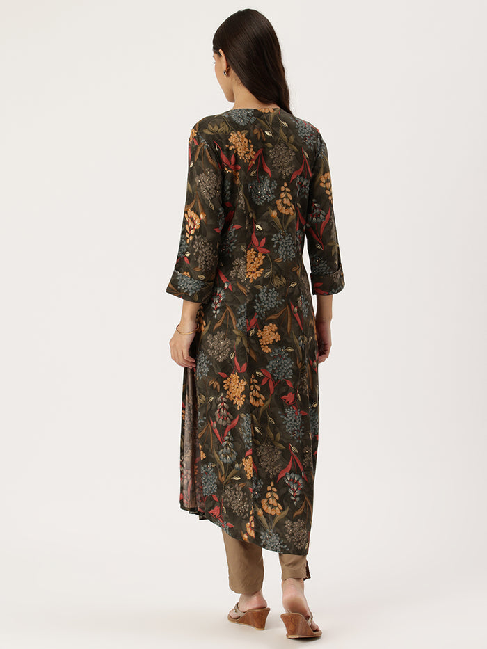 Black Floral Printed Kurta, Princess Cur Kurta, A-Line Kurta, Floral Print, Round Neck kurta, printed kurta