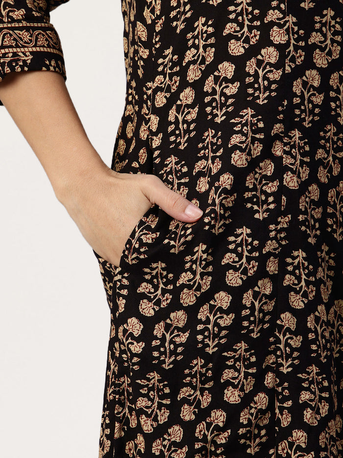 Black Floral Printed Kurta, Princess Cur Kurta, A-Line Kurta, Floral Print, Mandarin Collar kurta, printed kurta