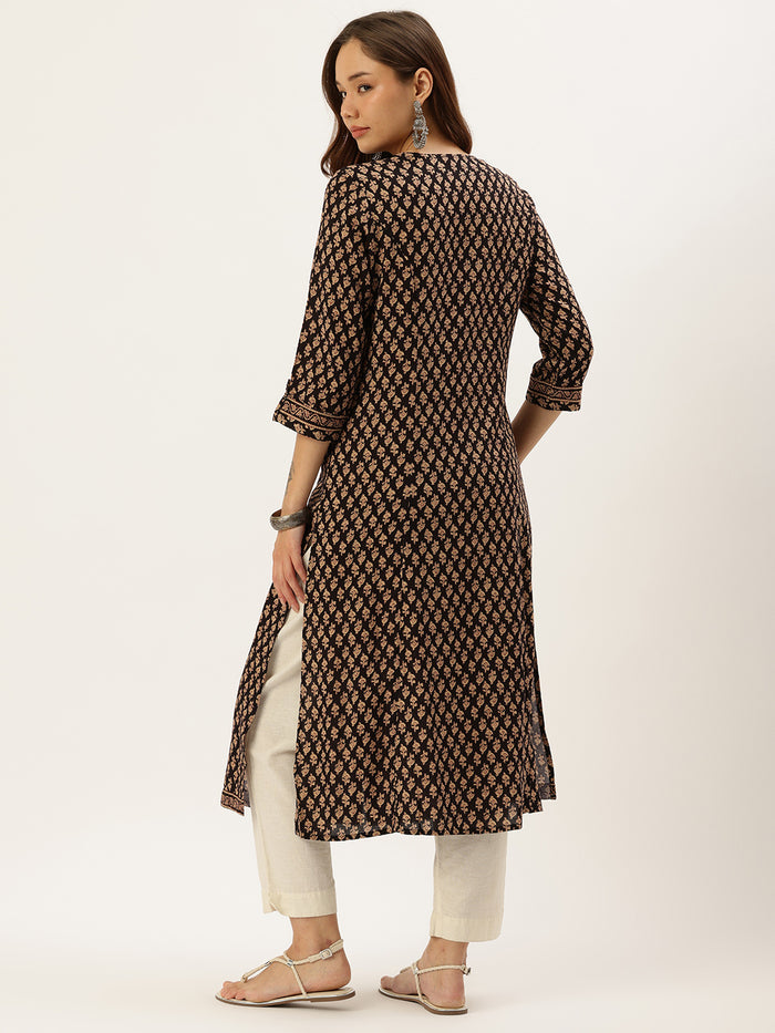 Black Floral Printed Kurta, Princess Cur Kurta, A-Line Kurta, Floral Print, Mandarin Collar kurta, printed kurta