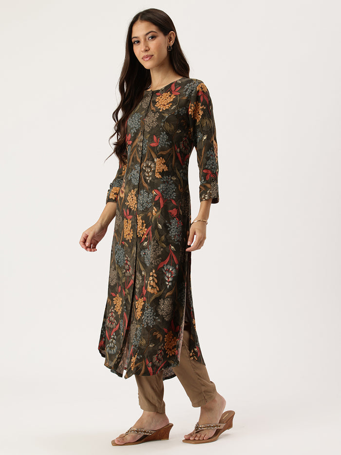 Black Floral Printed Kurta, Princess Cur Kurta, A-Line Kurta, Floral Print, Round Neck kurta, printed kurta