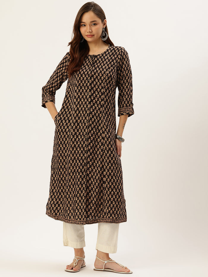 Black Floral Printed Kurta, Princess Cur Kurta, A-Line Kurta, Floral Print, Mandarin Collar kurta, printed kurta