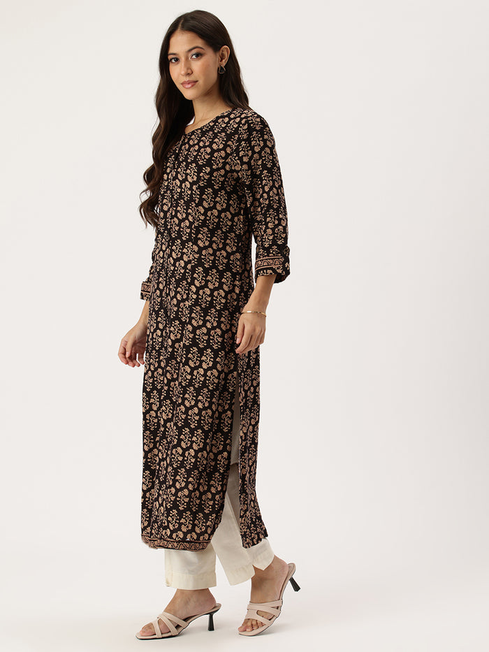 Black Floral Printed Kurta, Princess Cur Kurta, A-Line Kurta, Floral Print, Mandarin Collar kurta, printed kurta
