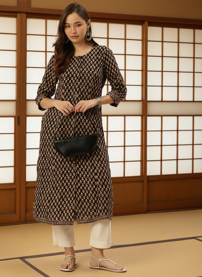 Black Floral Printed Kurta, Princess Cur Kurta, A-Line Kurta, Floral Print, Mandarin Collar kurta, printed kurta