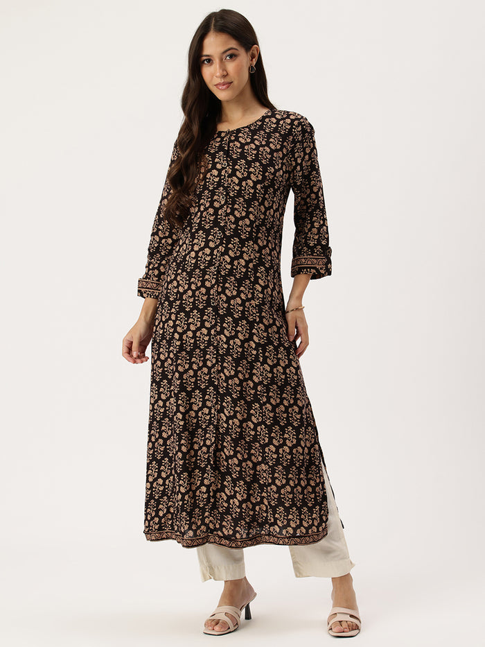 Black Floral Printed Kurta, Princess Cur Kurta, A-Line Kurta, Floral Print, Mandarin Collar kurta, printed kurta