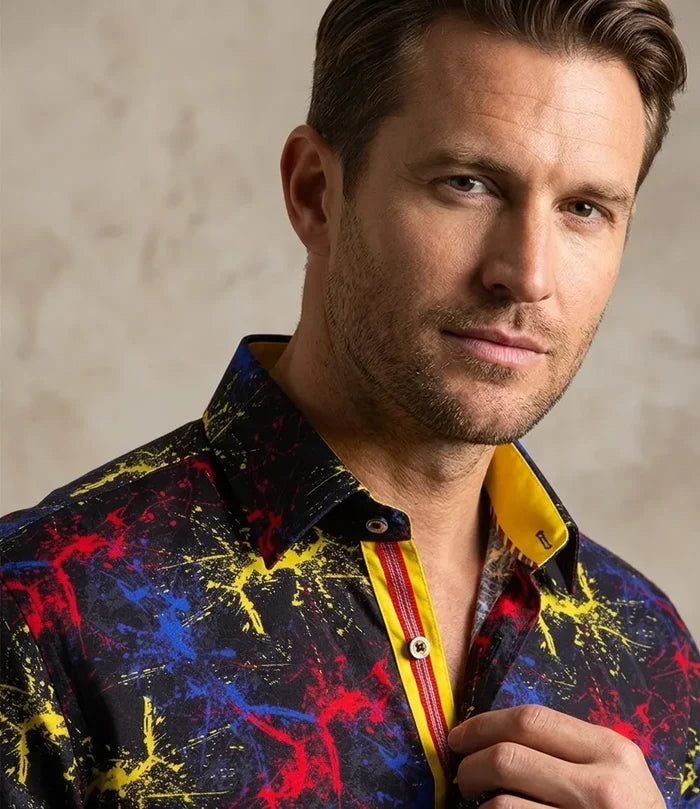Black Paint Splatter Print Men's Shirt with Matching Handkerchief