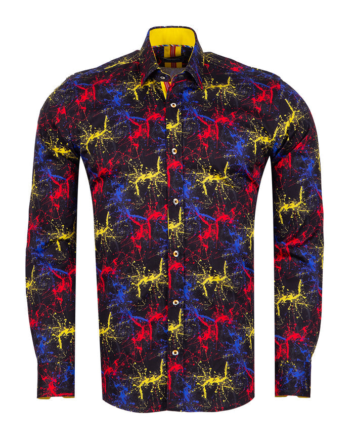 Black Paint Splatter Print Men's Shirt with Matching Handkerchief-Makrom