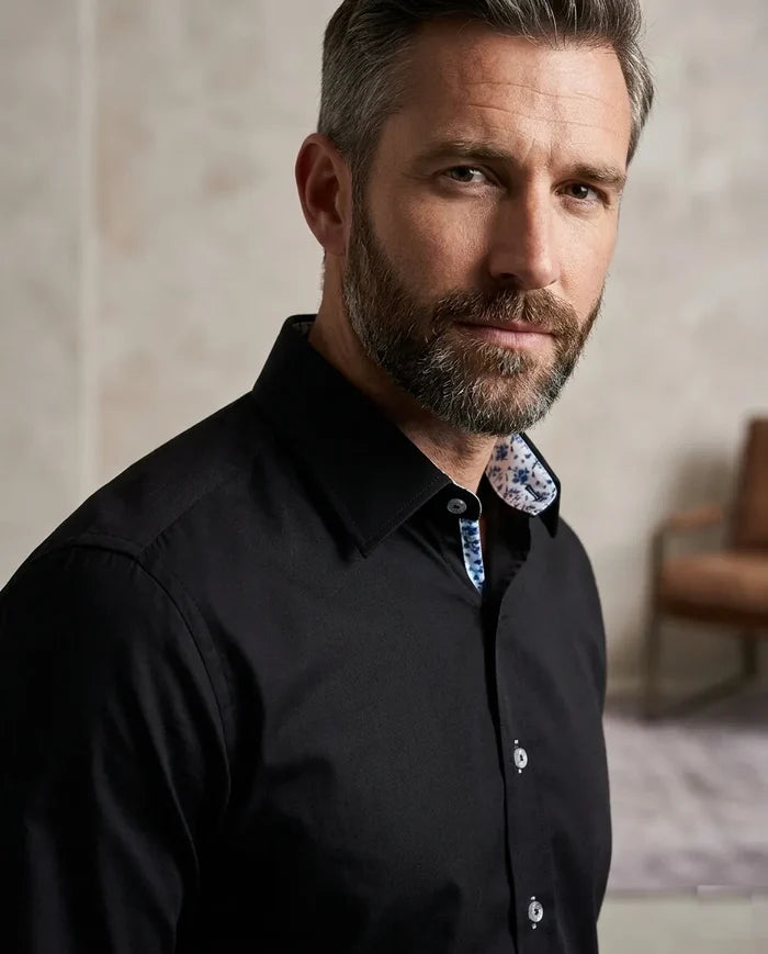 Black Plain Small Collar Shirt With Floral Insert