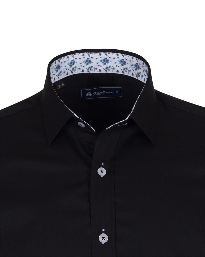 Black Plain Small Collar Shirt With Floral Insert-Makrom