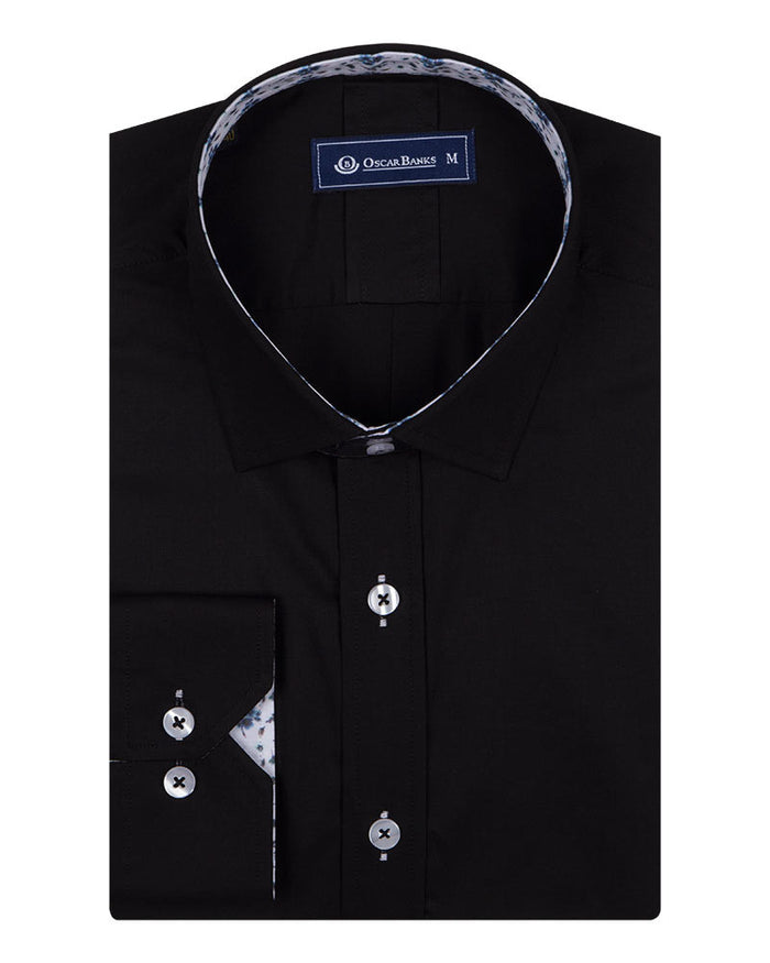 Black Plain Small Collar Shirt With Floral Insert-Makrom