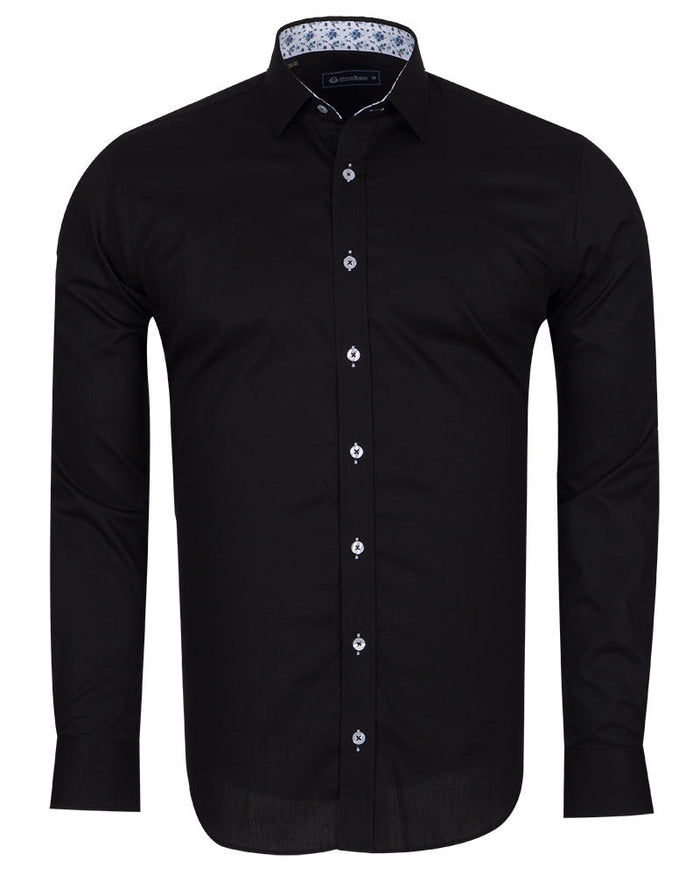 Black Plain Small Collar Shirt With Floral Insert-Makrom