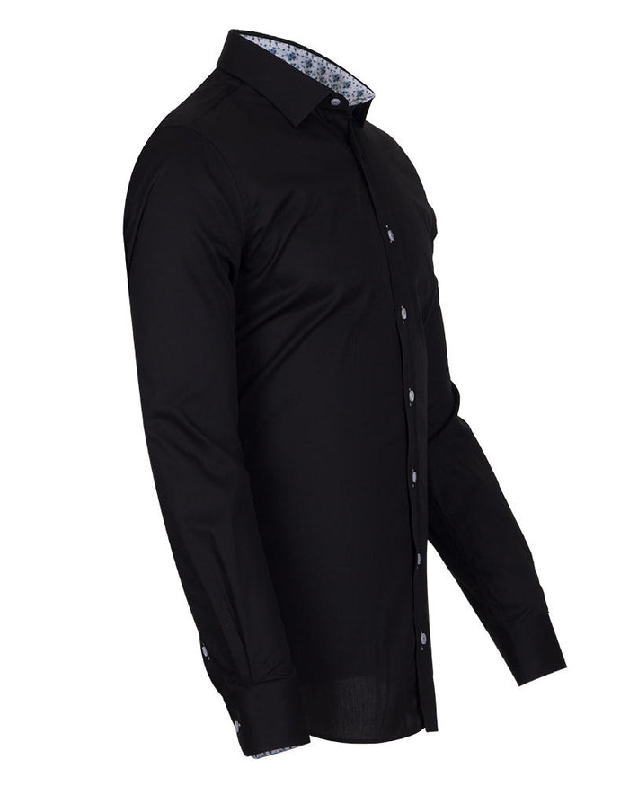 Black Plain Small Collar Shirt With Floral Insert-Makrom
