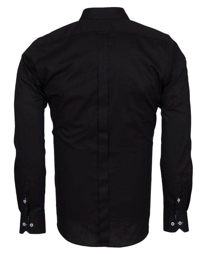 Black Plain Small Collar Shirt With Floral Insert-Makrom