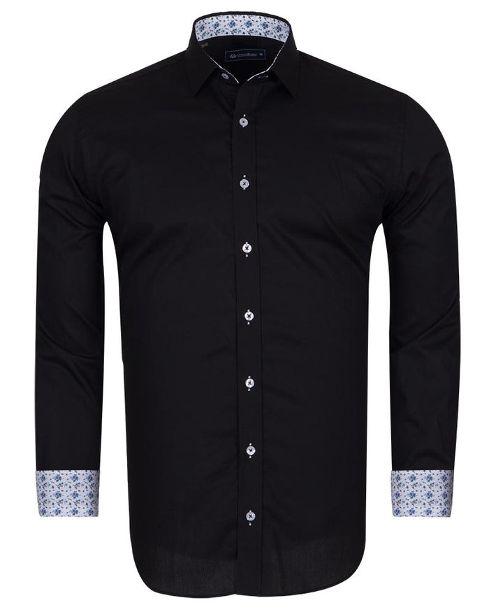 Black Plain Small Collar Shirt With Floral Insert-Makrom