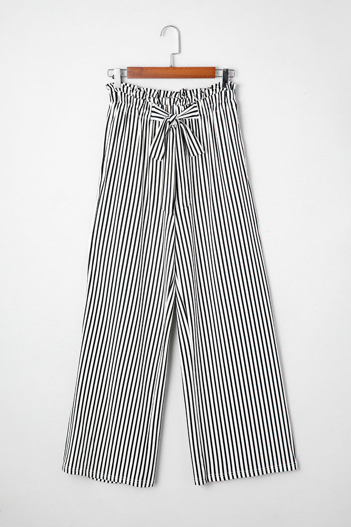 Black Stripe Tied High Waist Loose Straight Casual Pants