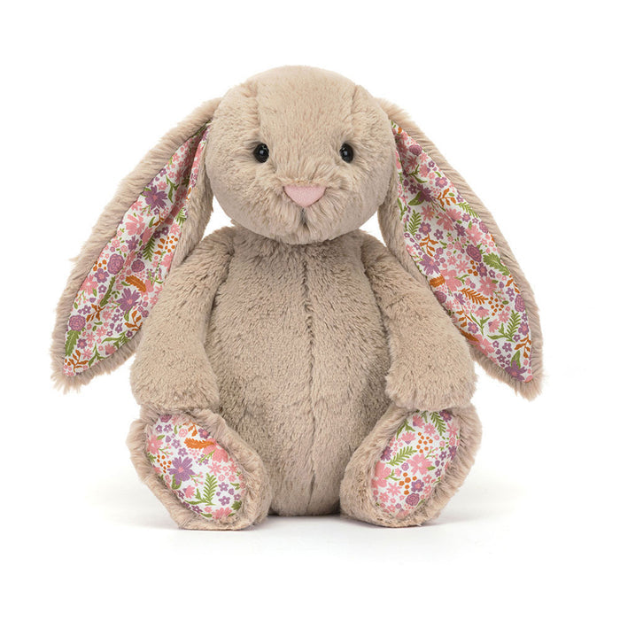 Jellycat Blossom Beige Bunny 'Petal' Original — front view of the larger original size, showing the beige plush body, long floppy ears with white floral lining in pink, purple, and orange, pink embroidered nose, black hard eyes, and floral paw pads, on a white background