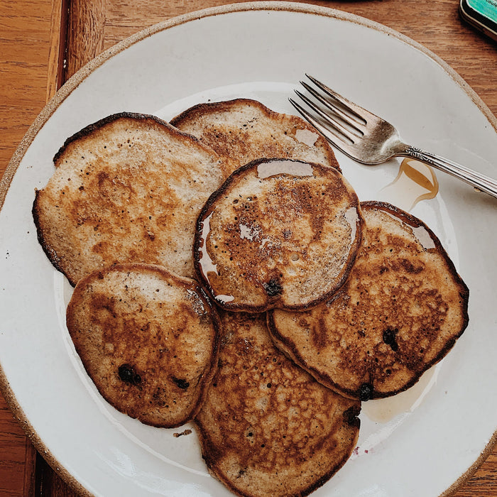 blue corn pancakes on plate