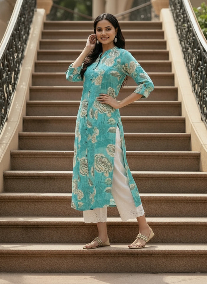 Blue Floral Printed Kurta, Princess Cur Kurta, A-Line Kurta, Floral Print, Mandarin Collar kurta, printed kurta