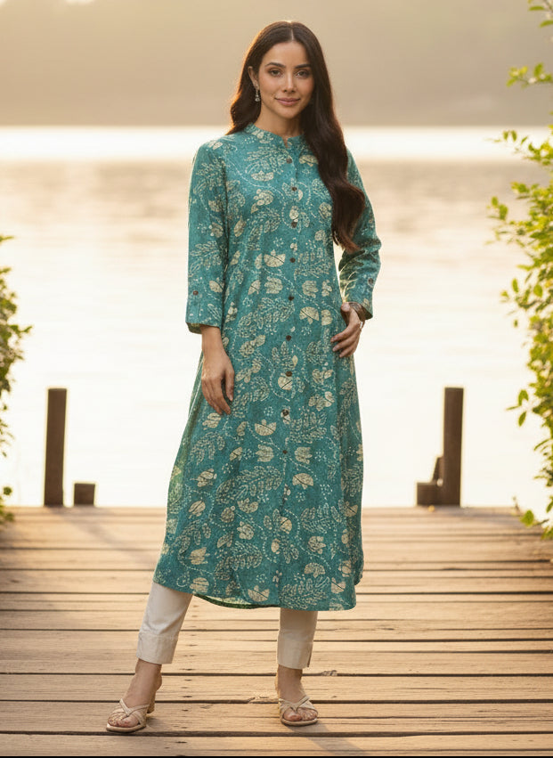 Blue Floral Printed Kurta, Princess Cur Kurta, A-Line Kurta, Floral Print, Mandarin Collar kurta, printed kurta