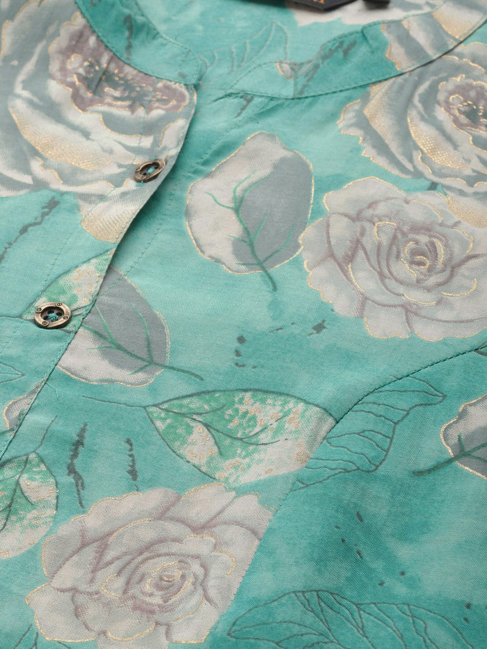 Blue Floral Printed Kurta, Princess Cur Kurta, A-Line Kurta, Floral Print, Mandarin Collar kurta, printed kurta