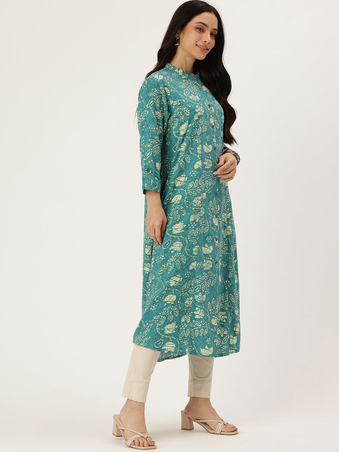 Blue Floral Printed Kurta, Princess Cur Kurta, A-Line Kurta, Floral Print, Mandarin Collar kurta, printed kurta