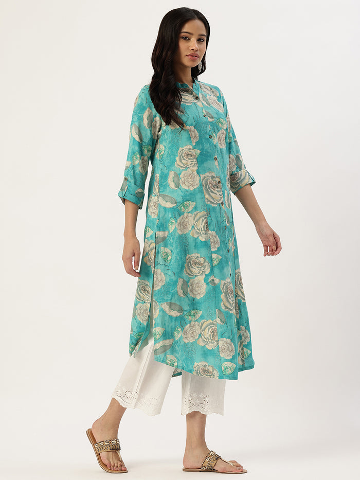 Blue Floral Printed Kurta, Princess Cur Kurta, A-Line Kurta, Floral Print, Mandarin Collar kurta, printed kurta