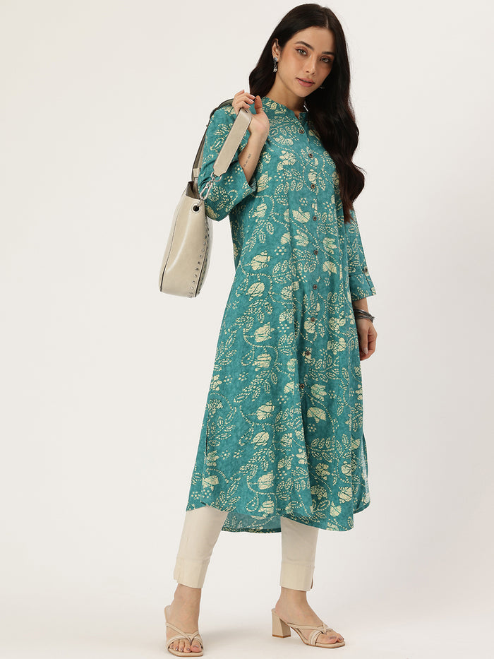 Blue Floral Printed Kurta, Princess Cur Kurta, A-Line Kurta, Floral Print, Mandarin Collar kurta, printed kurta