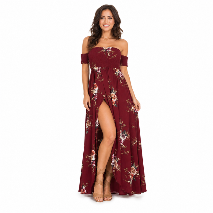 Boho off shoulder long dress for women with flowing maxi silhouette, soft drape and elegant beach summer styling today online