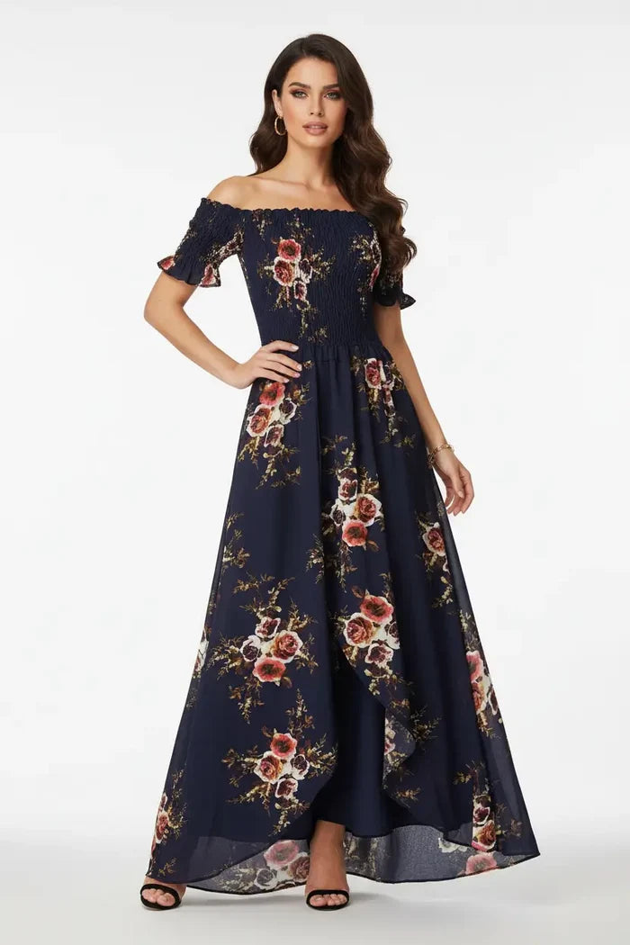 Off the shoulder long sundress with feminine neckline, smooth drape and graceful movement for warm weather days out for women