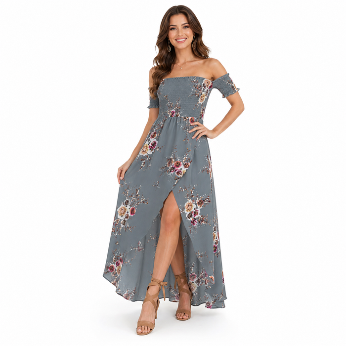 Woman wearing a gray floral off-shoulder dress on a white background